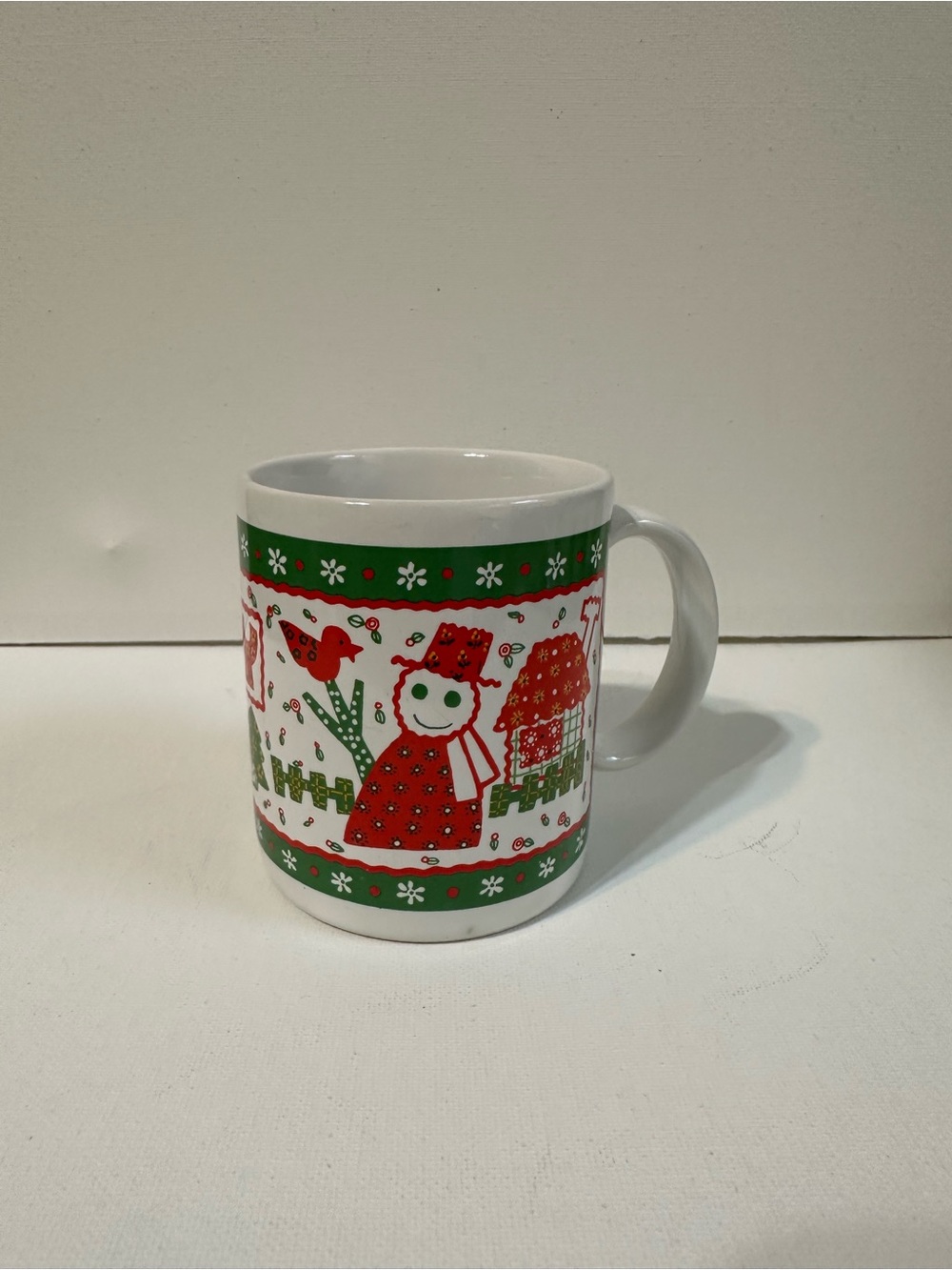 Vintage Festive Red and Green Holiday Snowman Ceramic Coffee Mug stamped Japan